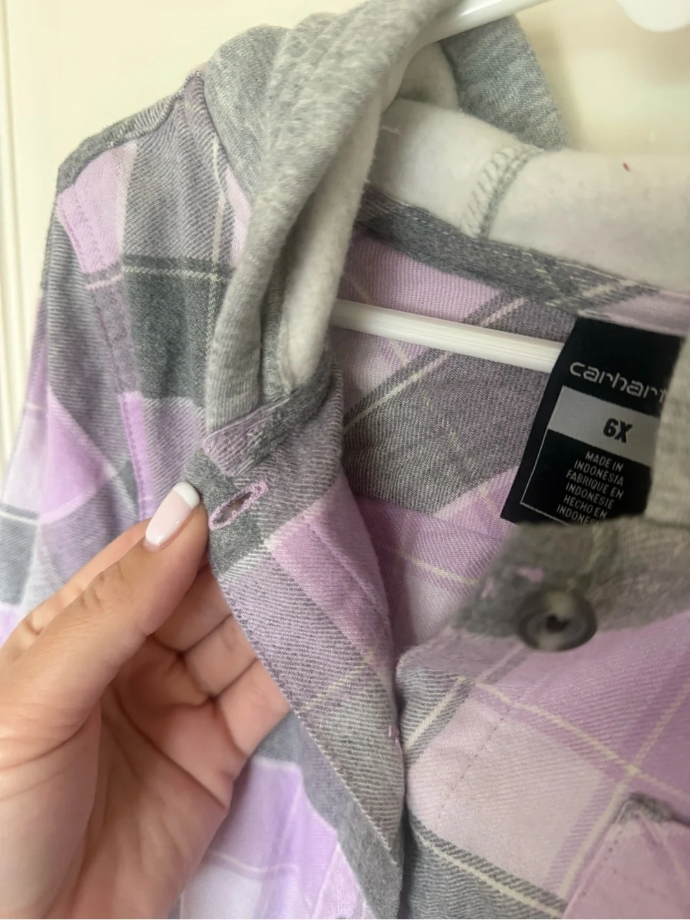 Carhartt Girls Hooded Plaid Flannel Shirt Jacket | Purple Gray | Size 6X
